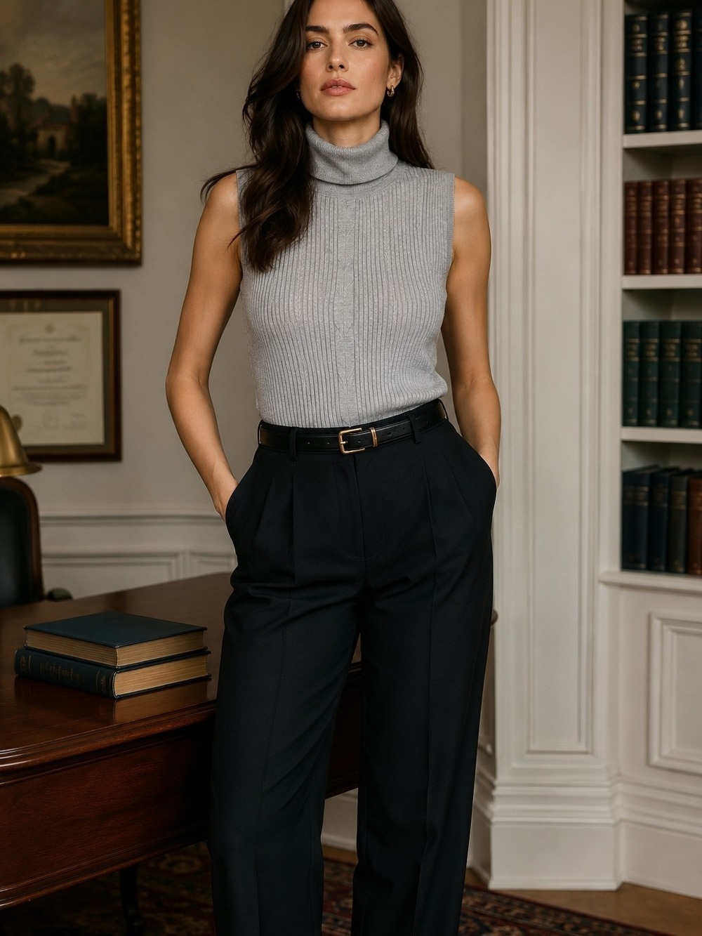 Laura Sleeveless Turtleneck Sweater Vest XL Gray Ribbed Quiet Luxury Acadamia